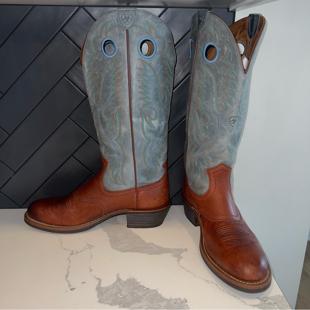 Ariat Heritage Buckaroo 16" Brown Teal Cowboy Boots 35299 Mens Size 13 D EUC - Picture 3 of 9